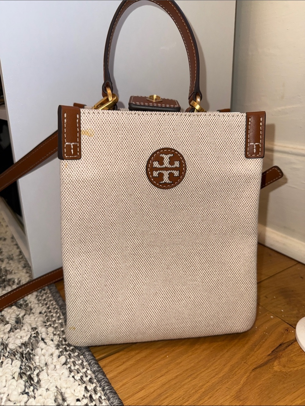 Tory Burch Cream Canvas Mini Tote with Brown Leather Trim